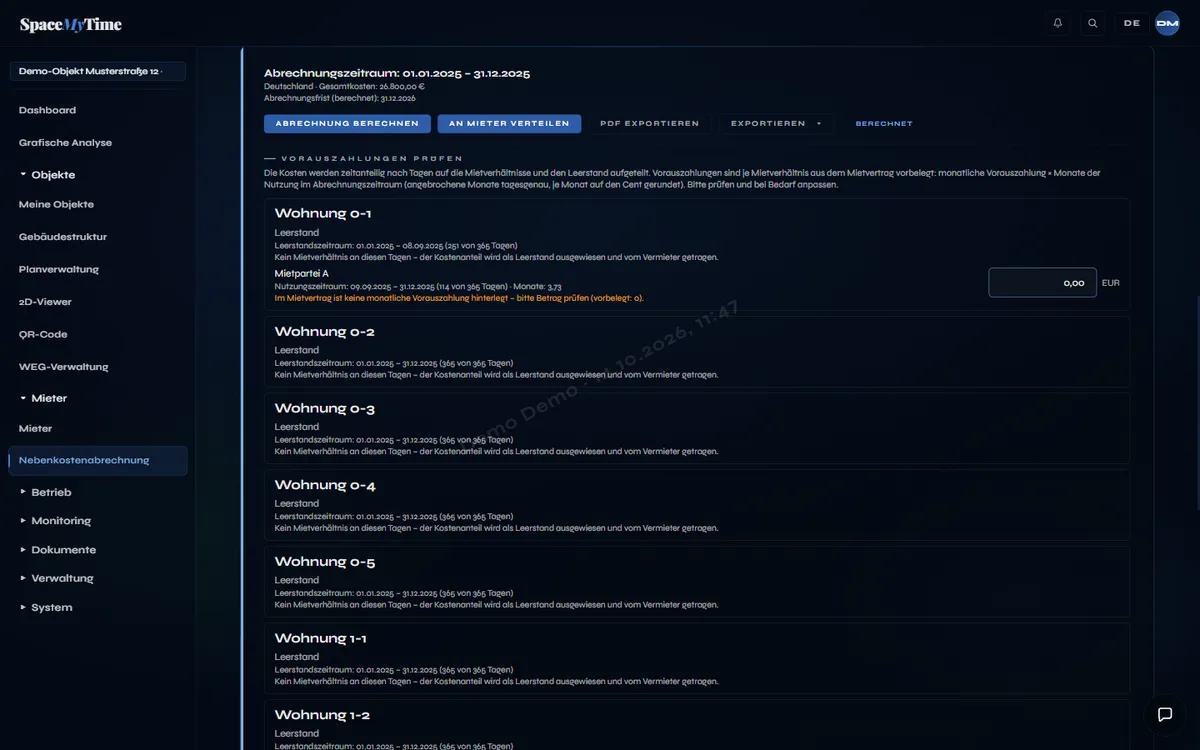 Prüfschritt der Nebenkostenabrechnung in SpaceMyTime mit Beispieldaten